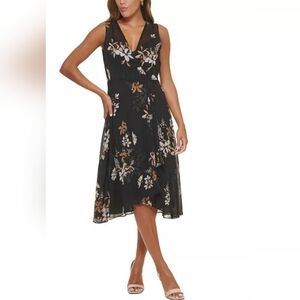 Calvin Klein Sheer Floral Wrap Aysmetrical Cocktail Any Occasion Midi Dress